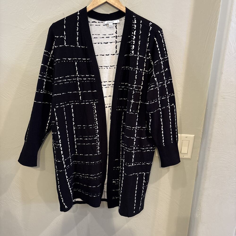 Chicos Long Sweater Cardigan Duster‎ Open Front Size 2 Large Black White Lines